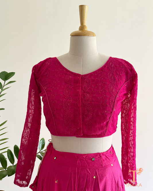 chikankari full sleeve embroidered blouse with lace sleeves