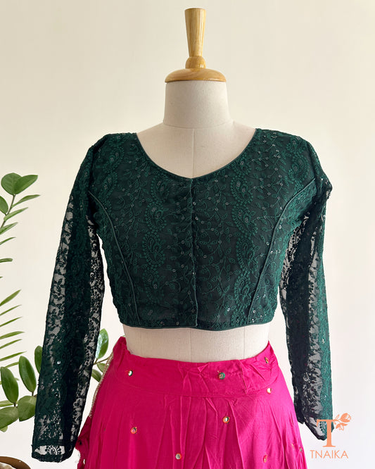 chikankari full sleeve embroidered blouse with lace sleeves