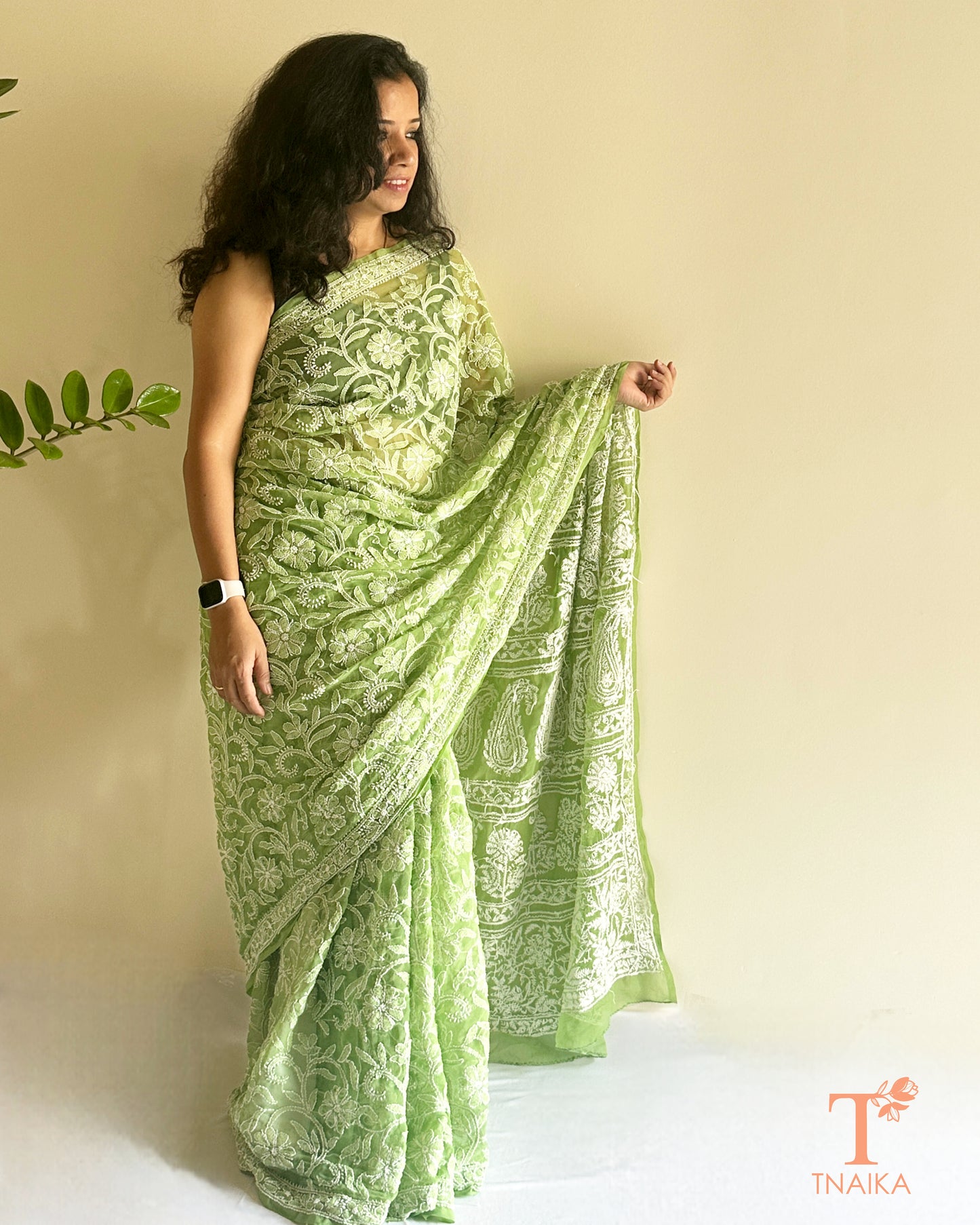 Chikankari Gulnaar Pista Georgette Saree