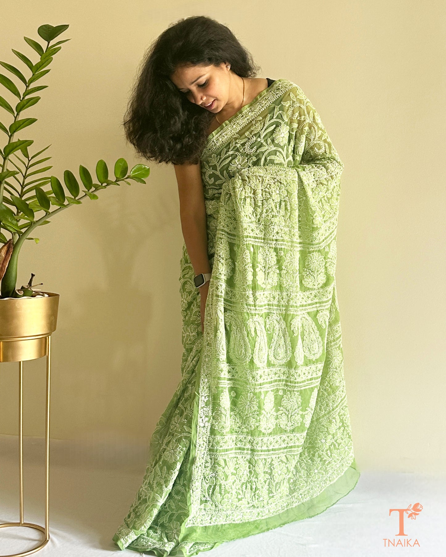 Chikankari Gulnaar Pista Georgette Saree