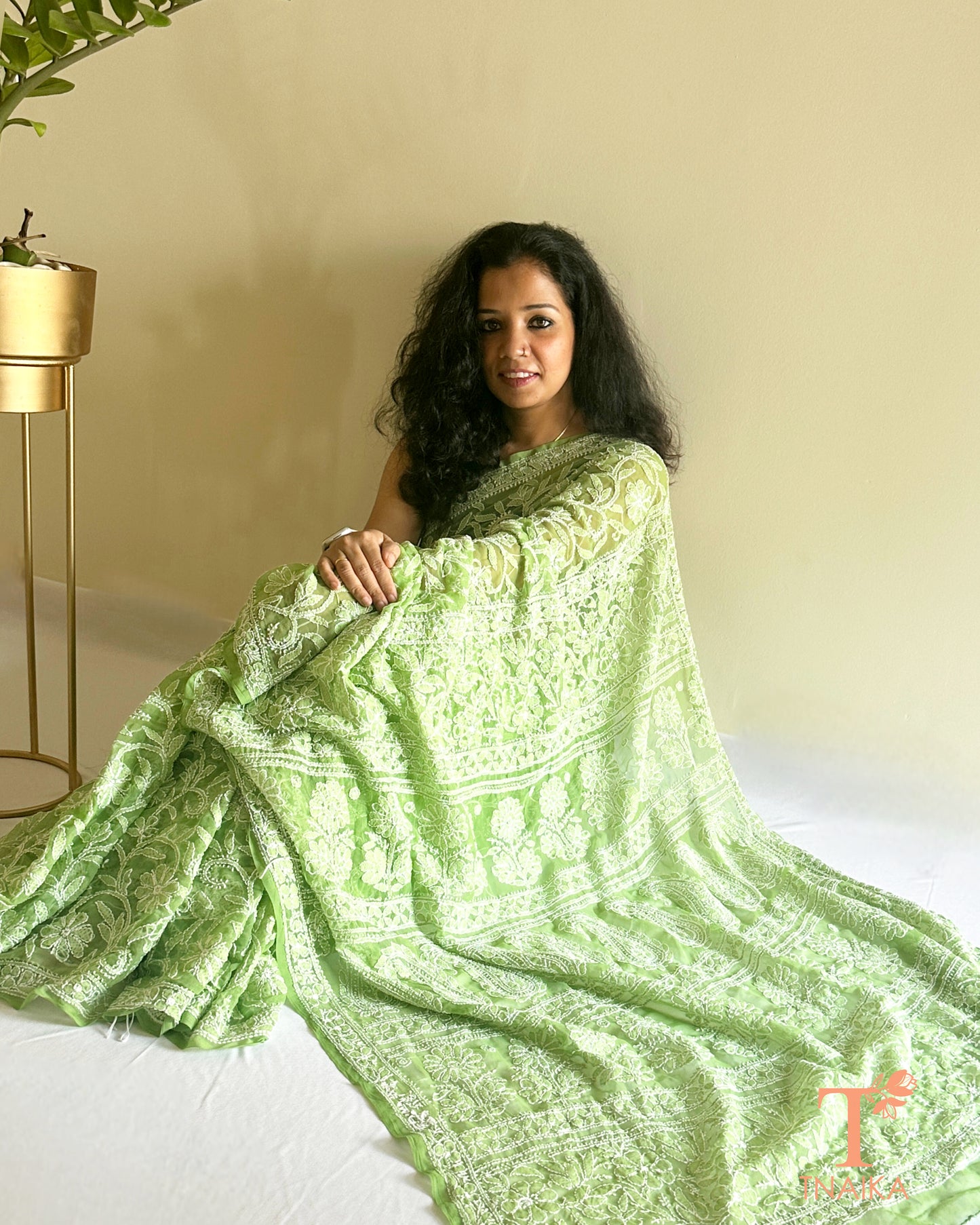 Chikankari Gulnaar Pista Georgette Saree