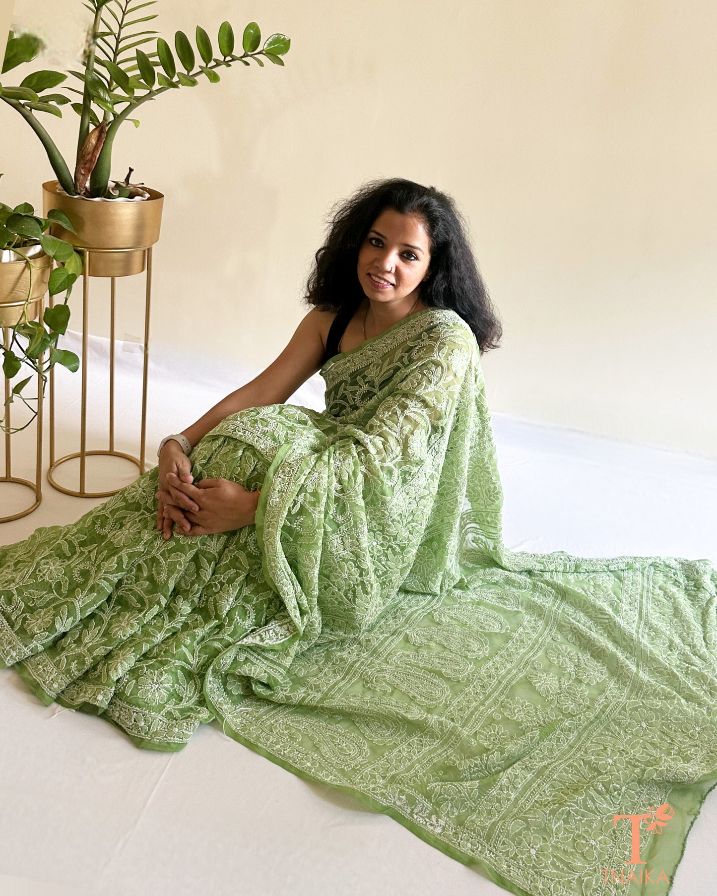 Chikankari Gulnaar Pista Georgette Saree