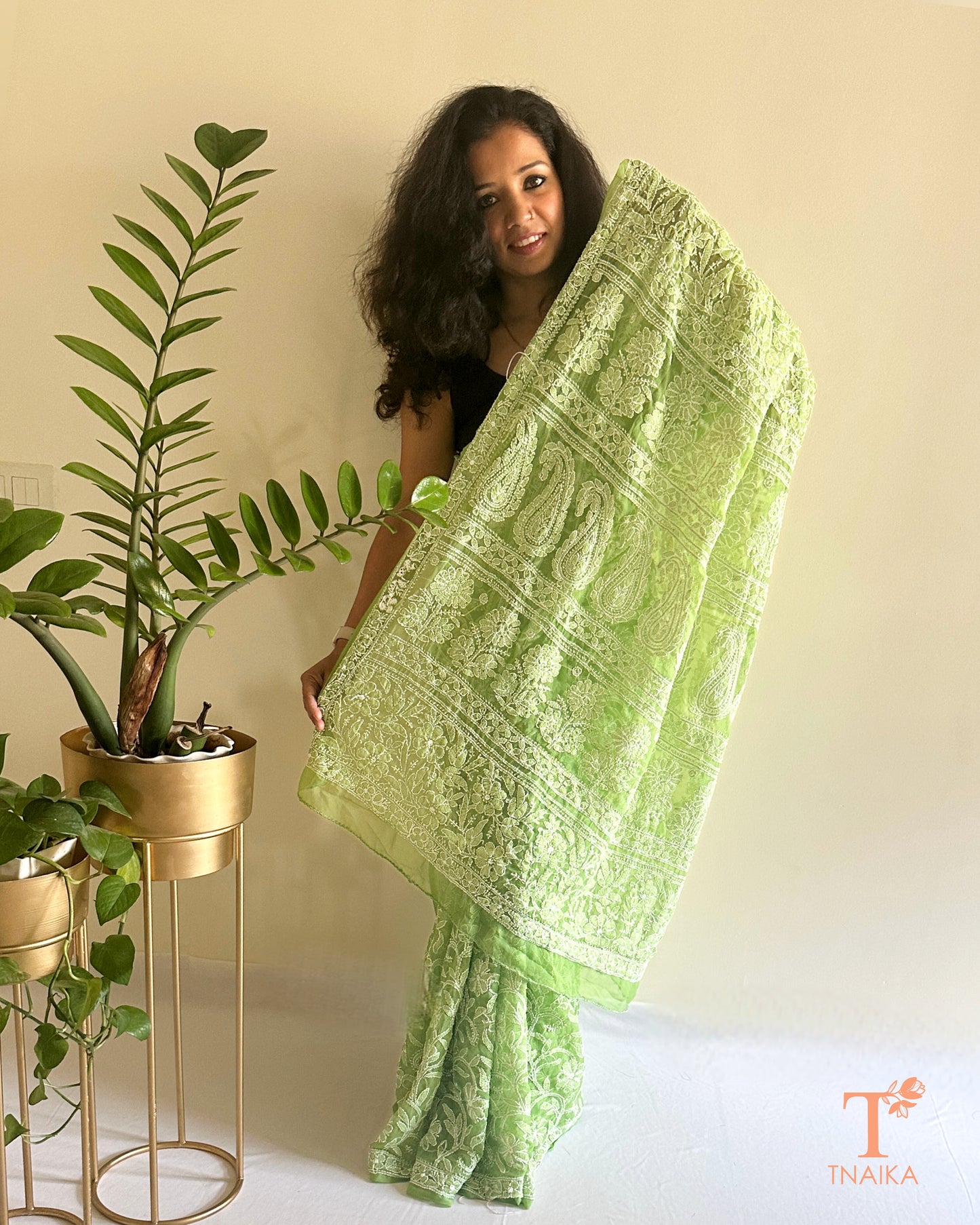 Chikankari Gulnaar Pista Georgette Saree