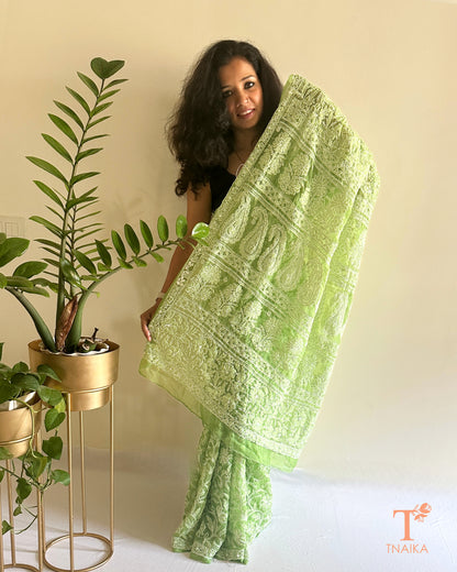 Chikankari Gulnaar Pista Georgette Saree