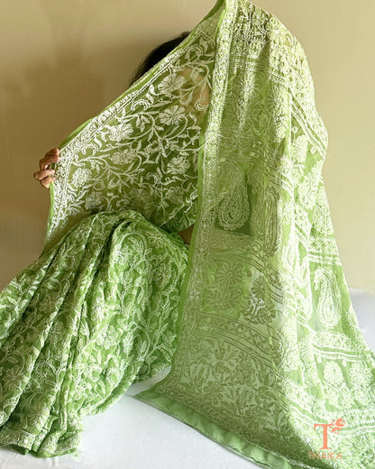 Chikankari Gulnaar Pista Georgette Saree