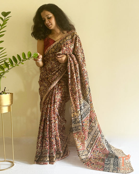 Close-up of Kalamkari handblock print on Chennur silk saree