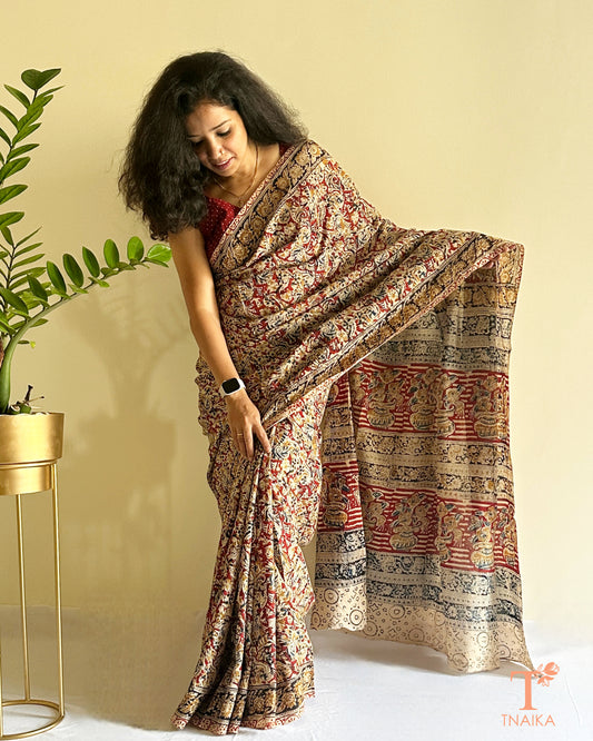 Handblock printed Chennur silk Kalamkari saree with heritage motifs