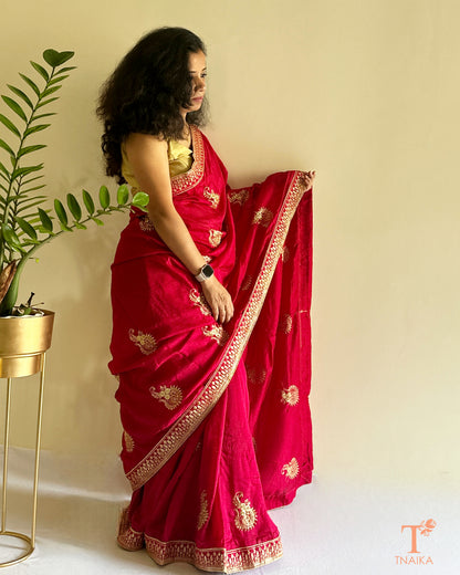 rani pink georgette saree with swarovski work Tnaika