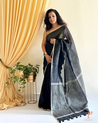 premium black linen saree with minimal border design