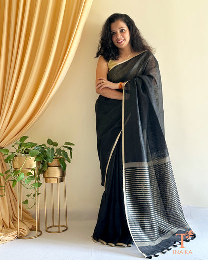 elegant linen saree in black with subtle stripe detail