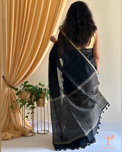lightweight black linen saree with tassel pallu