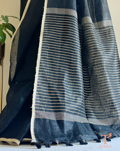 black linen saree with striped pallu Tnaika