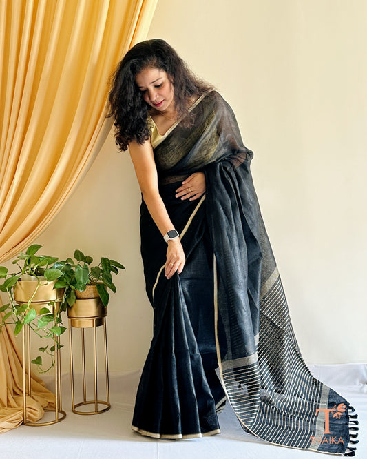 premium black linen saree with minimal border design