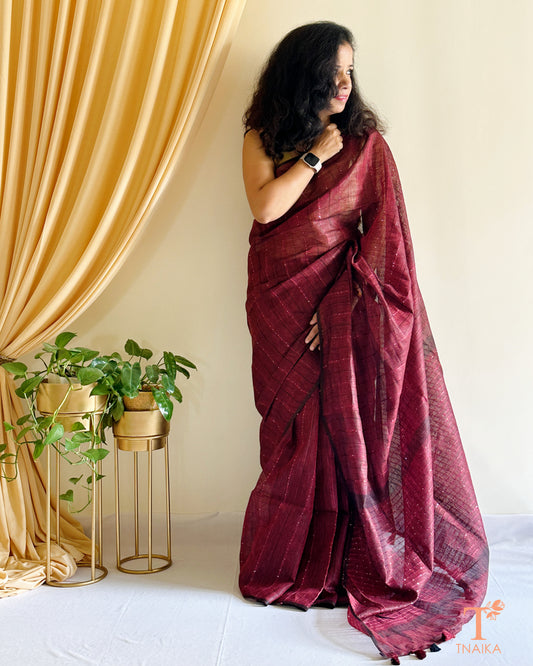 wine red linen saree with fine sequence detailing Tnaika