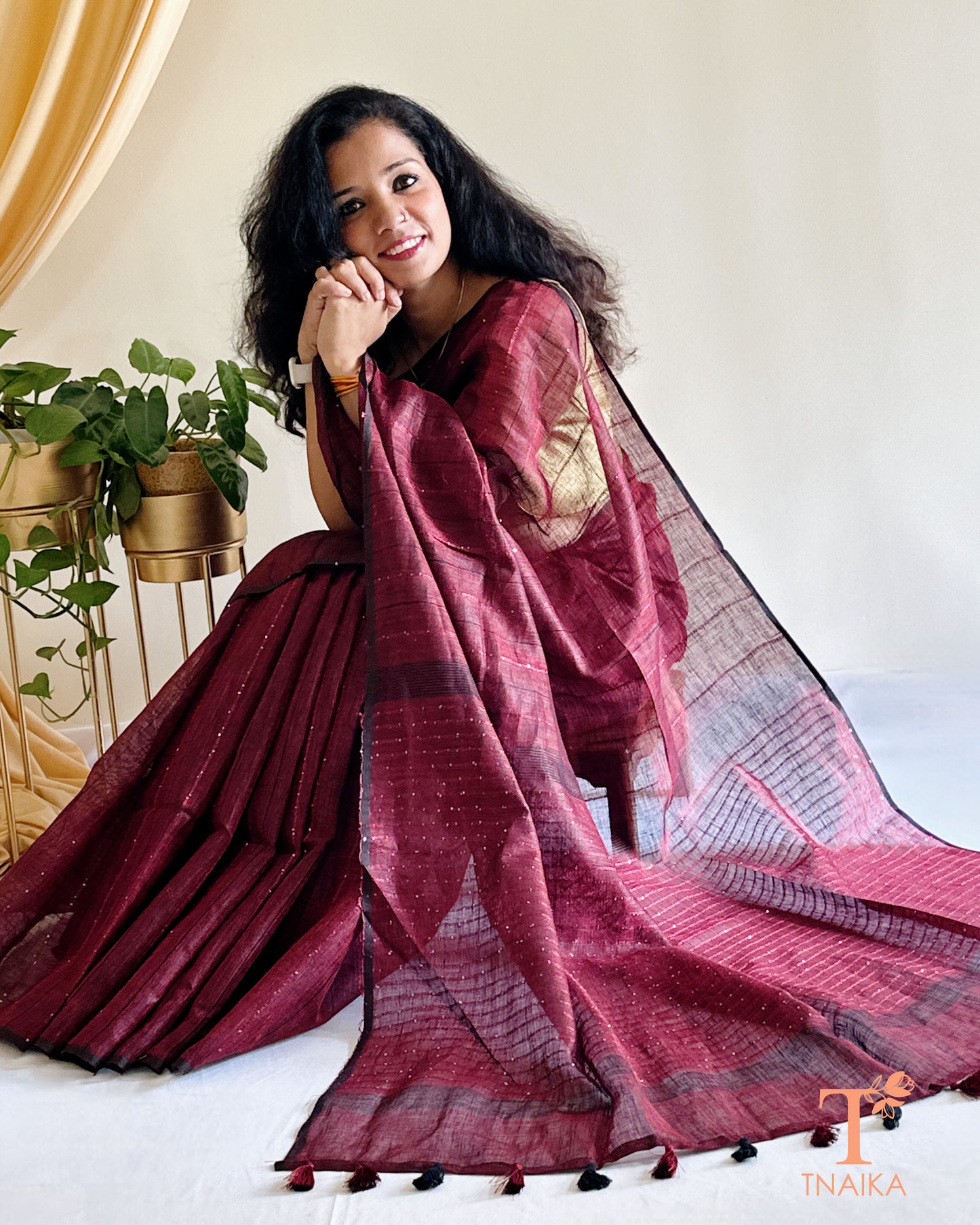 wine red linen saree with fine sequence detailing Tnaika