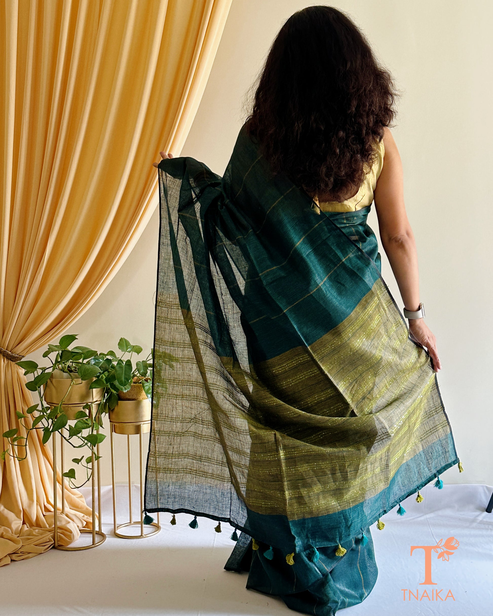 premium linen cotton saree with subtle sequin work Tnaika
