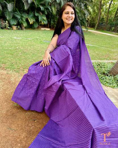 natural dye blue cotton saree with traditional block print