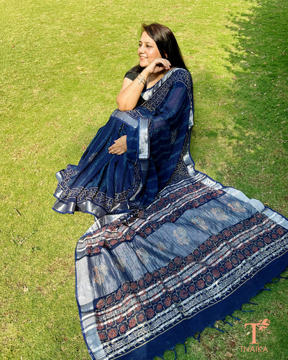 lightweight linen saree with artistic woven pallu for women