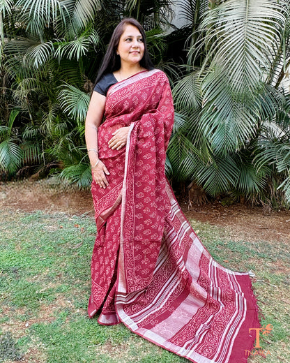 lightweight maroon linen saree with natural texture