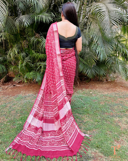 red kalamkari cotton saree with traditional print Tnaika
