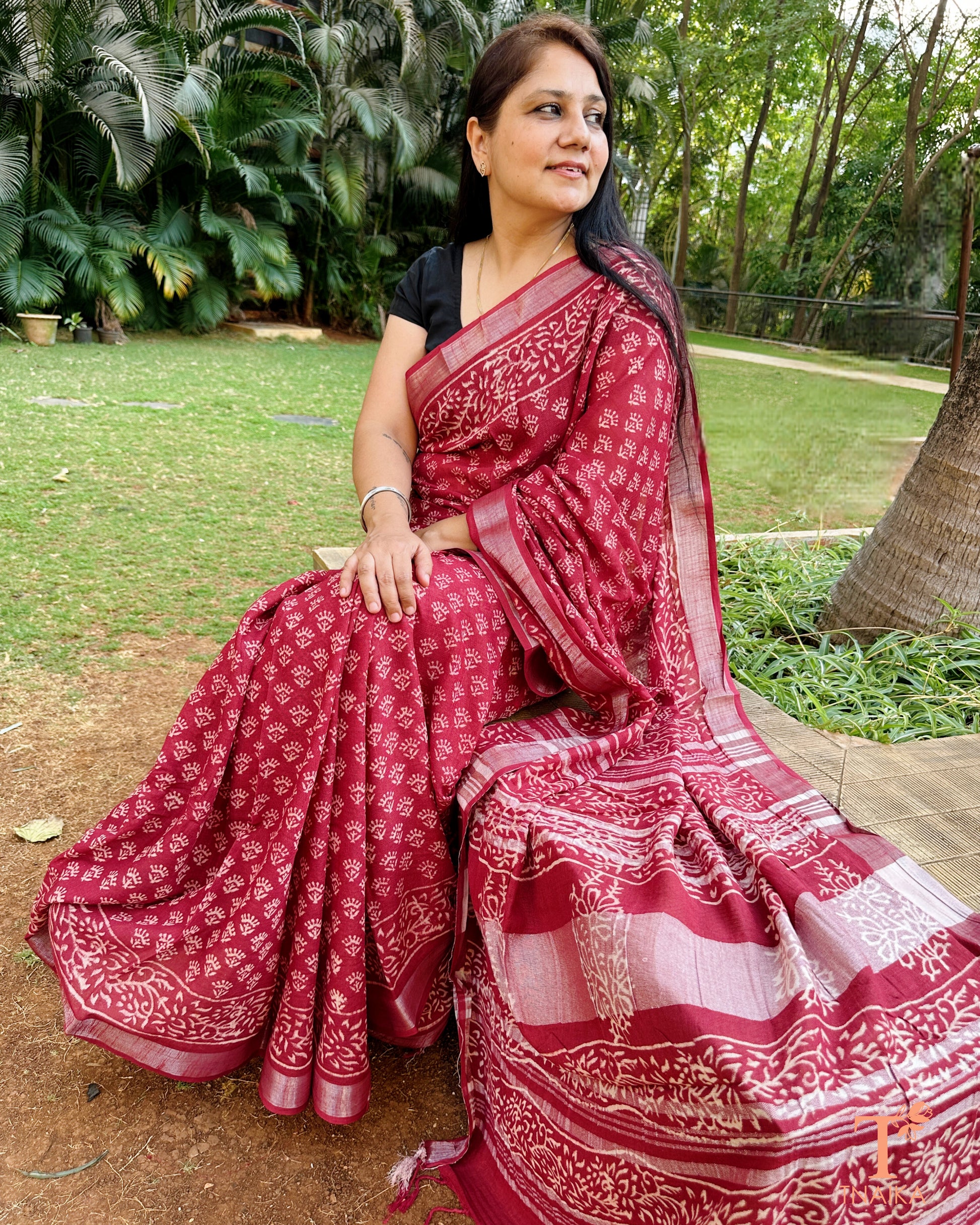 traditional printed cotton saree in deep red shade
