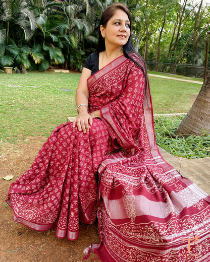 traditional printed cotton saree in deep red shade