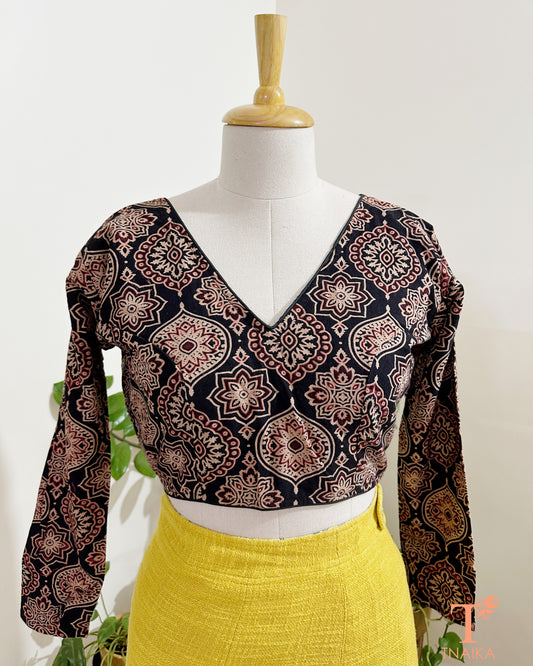 Ajrakh printed cotton blouse with full sleeves