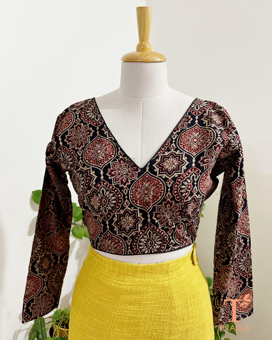 Ajrakh printed cotton blouse with full sleeves