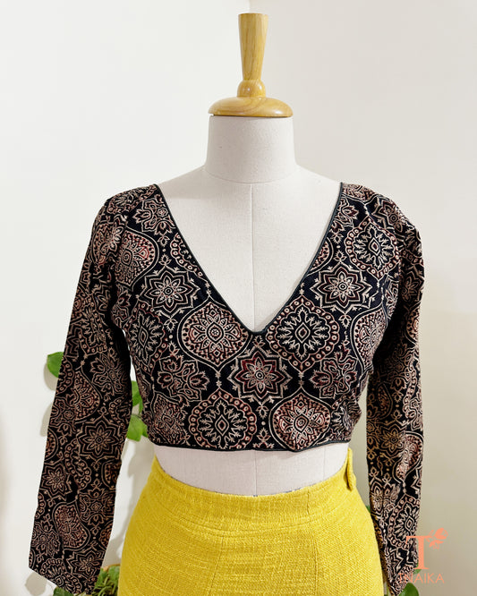 Ajrakh printed cotton blouse with full sleeves