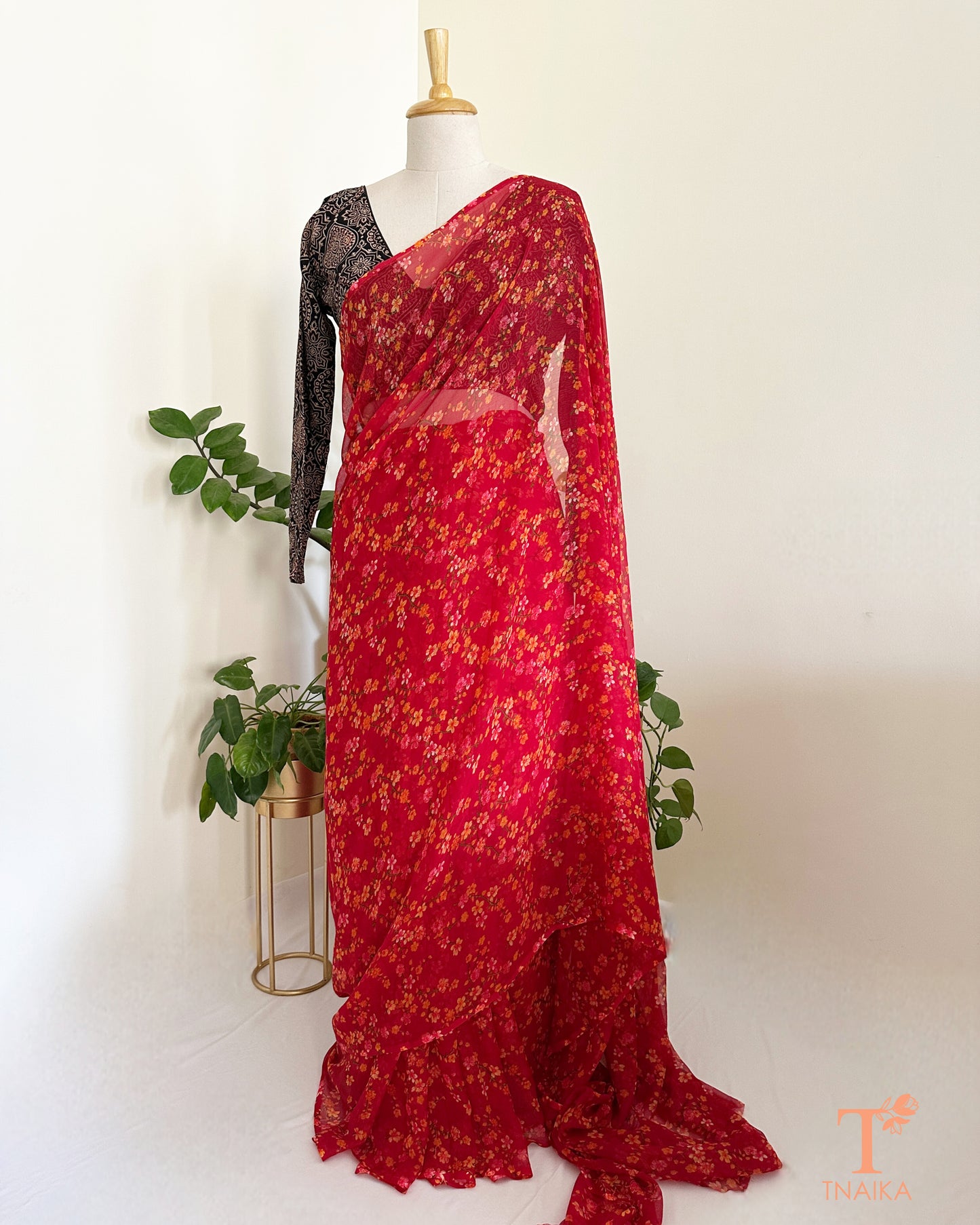 printed chiffon saree with soft floral design