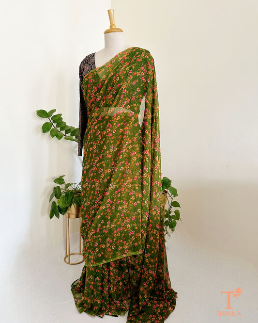 printed chiffon saree with soft floral design