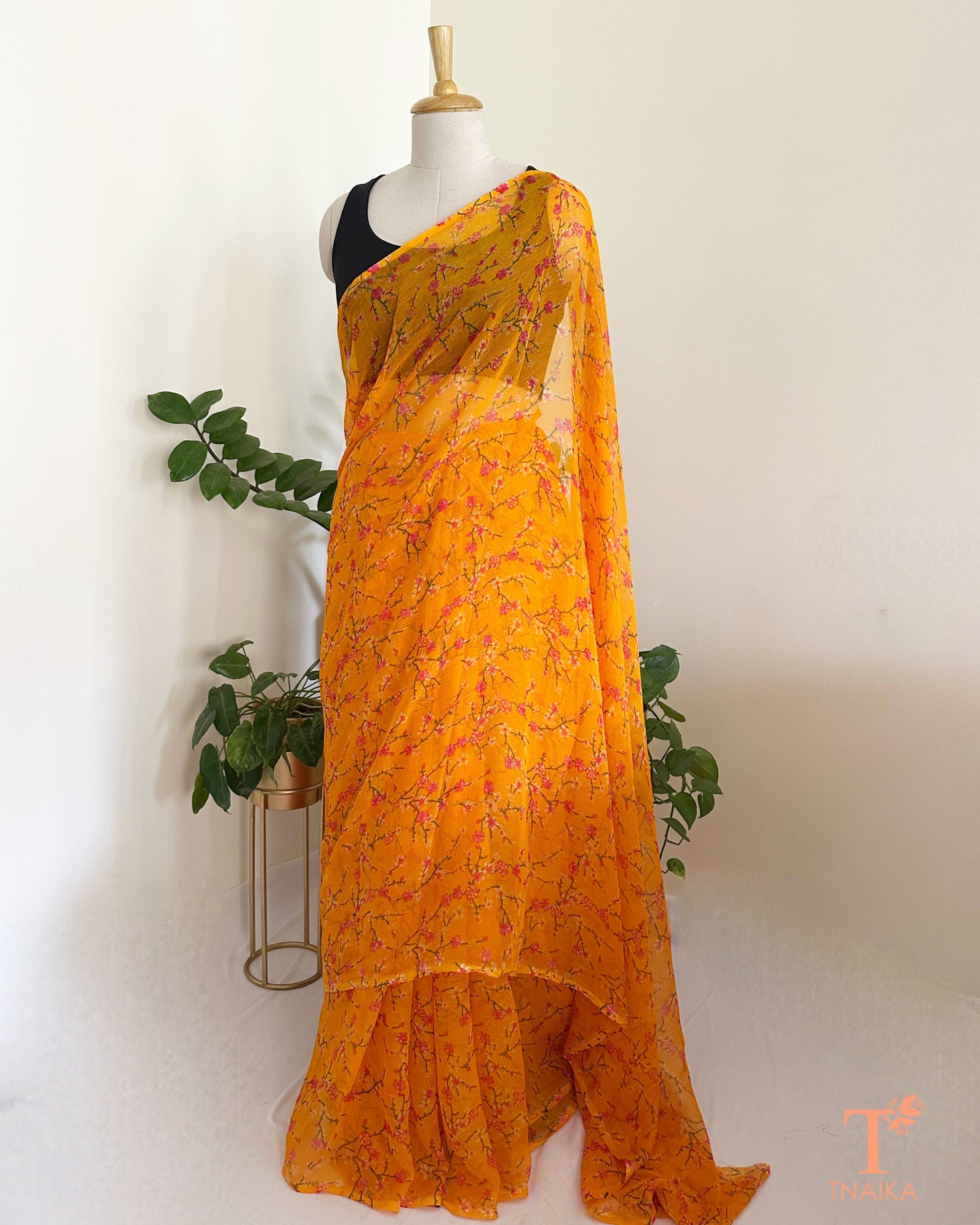 printed chiffon saree with soft floral design