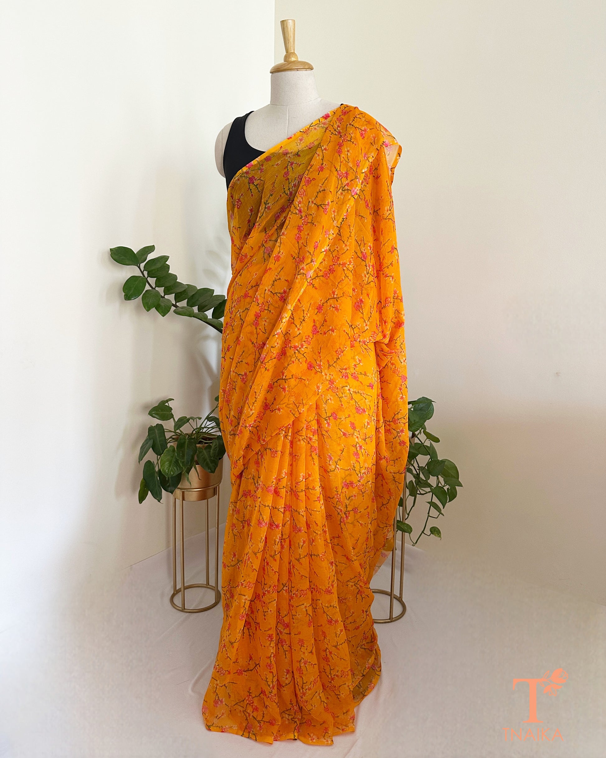 airy chiffon saree with all-over floral print
