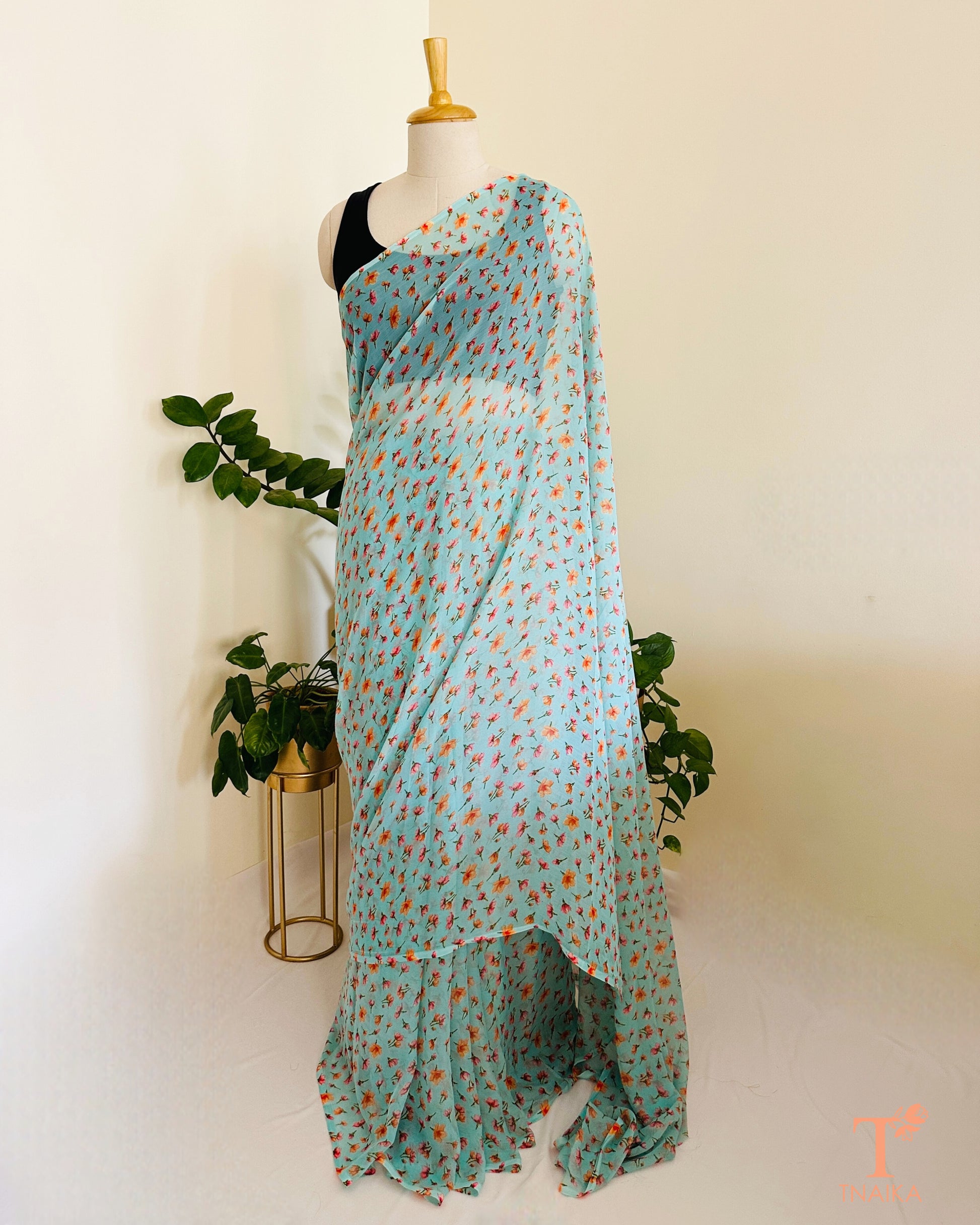 printed chiffon saree with soft floral design