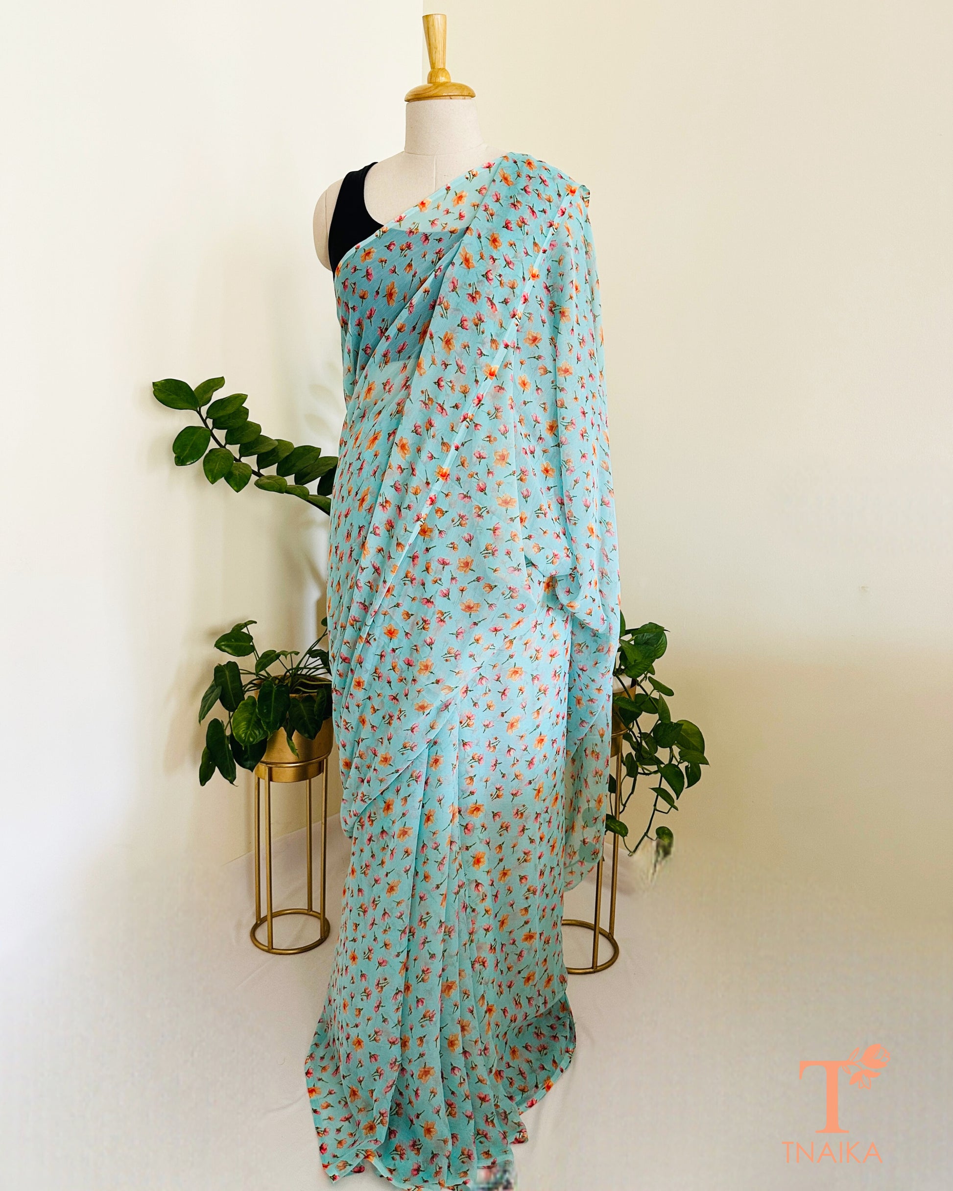 airy chiffon saree with all-over floral print