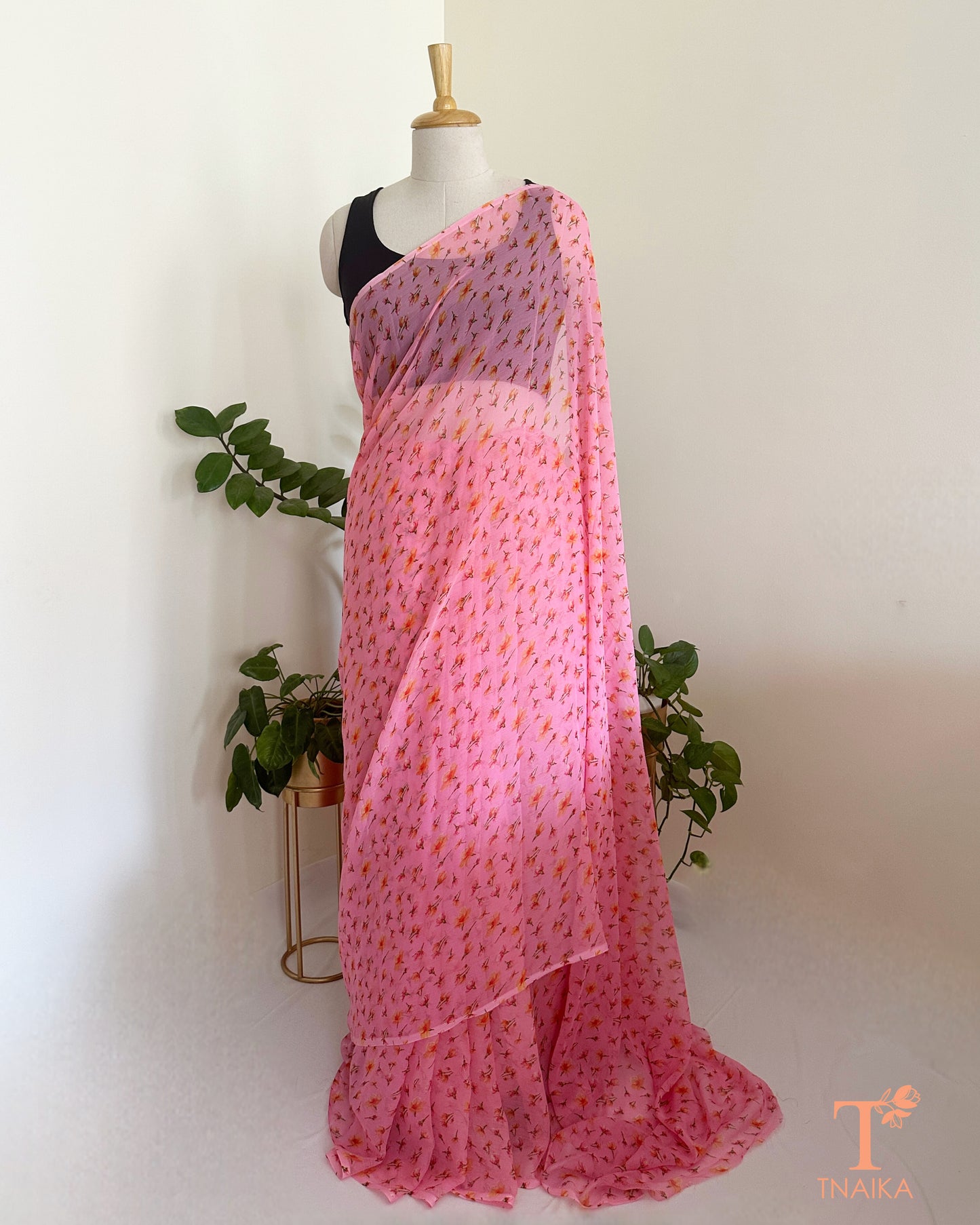 printed chiffon saree with soft floral design