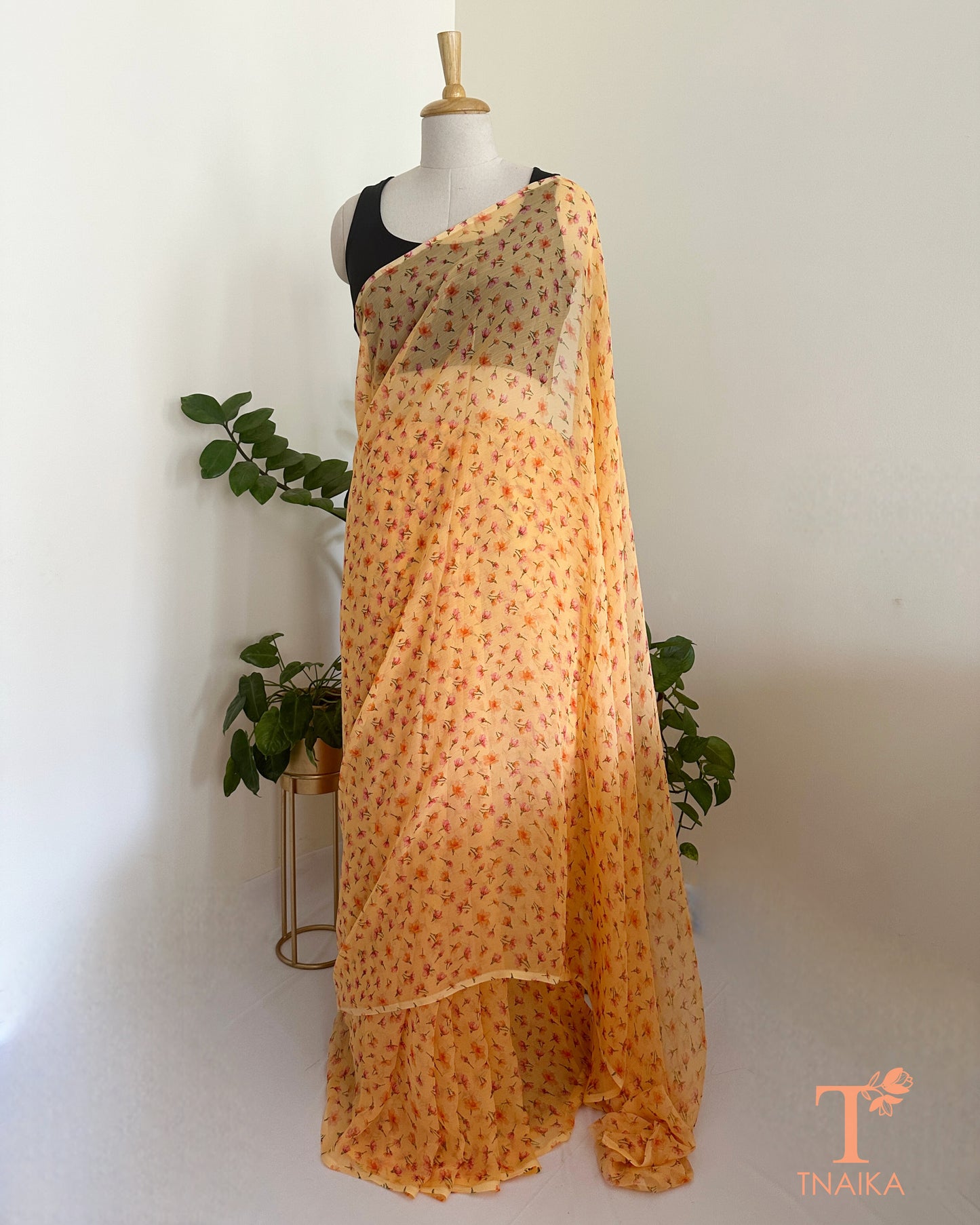 printed chiffon saree with soft floral design