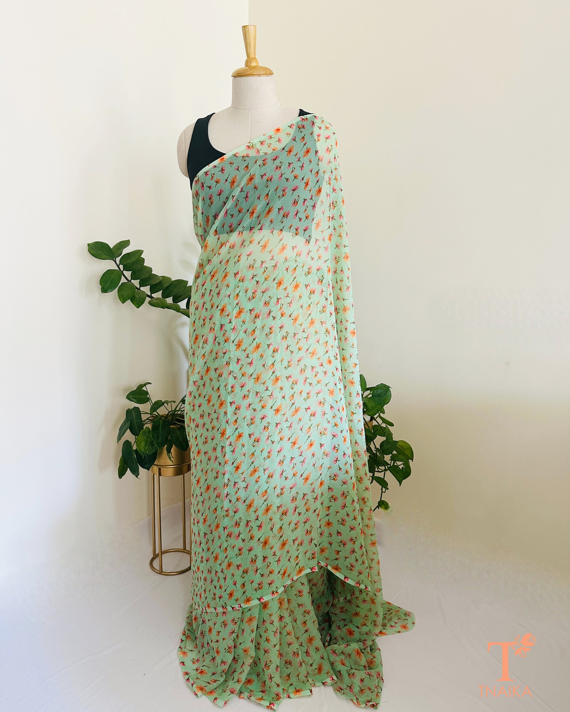 printed chiffon saree with soft floral design