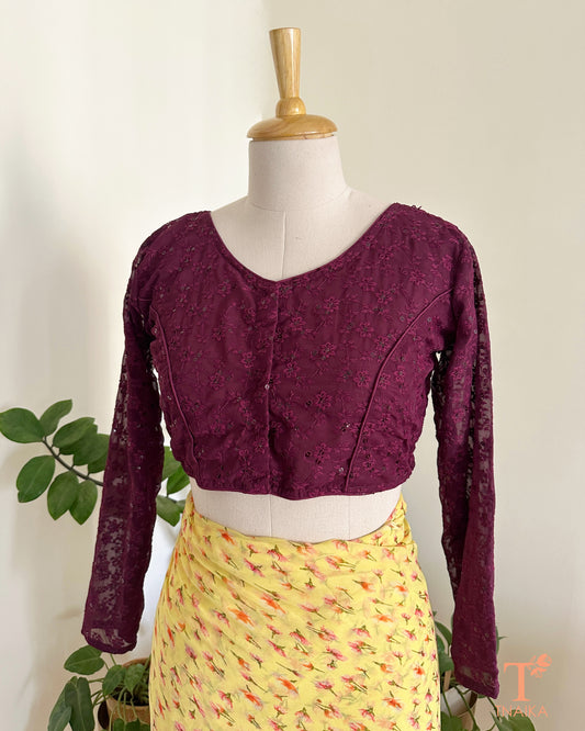 chikankari full sleeve embroidered blouse with lace sleeves