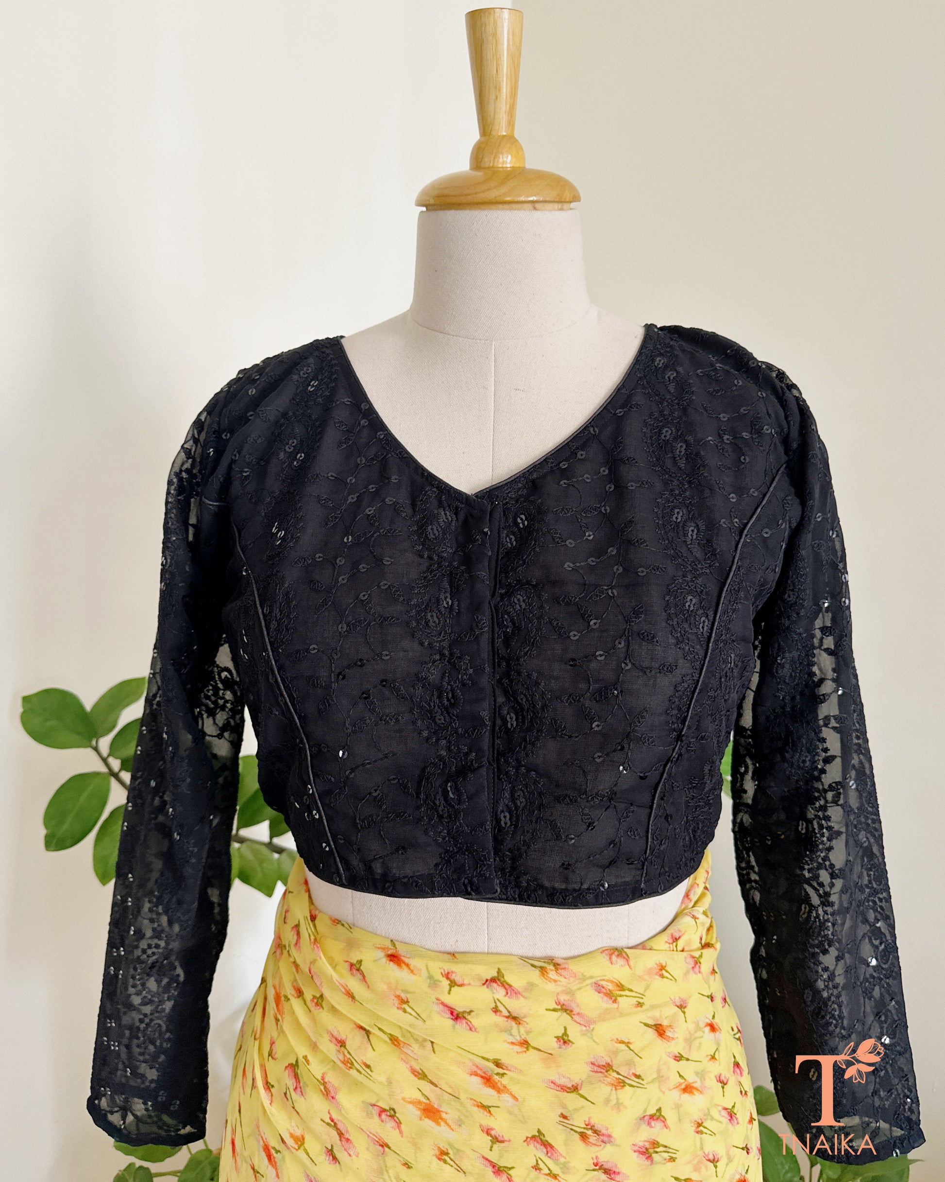 chikankari full sleeve embroidered blouse with lace sleeves