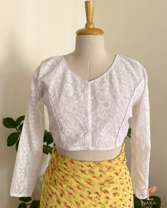 chikankari full sleeve embroidered blouse with lace sleeves