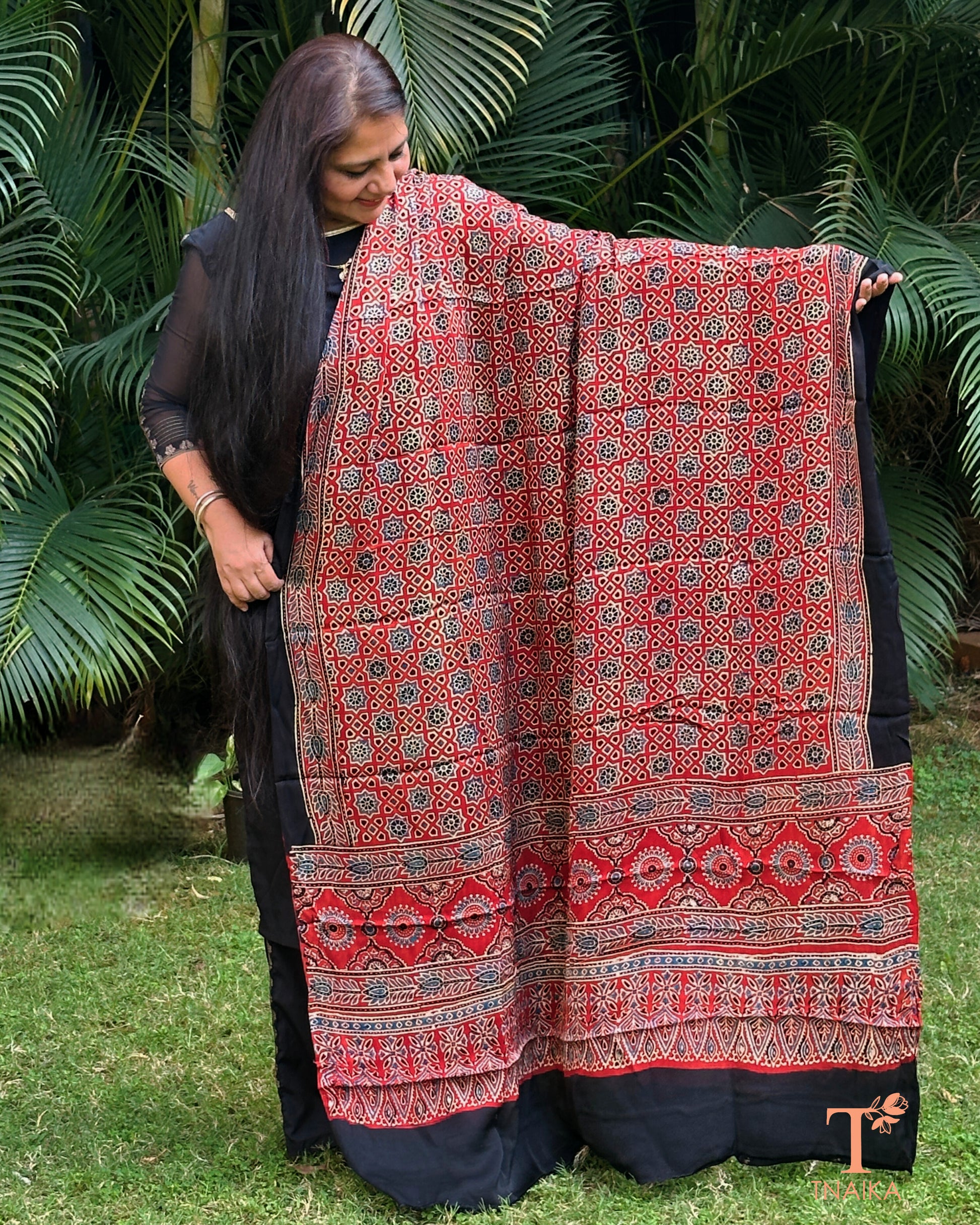 Pure modal silk Ajrakh hand block printed dupatta with soft drape