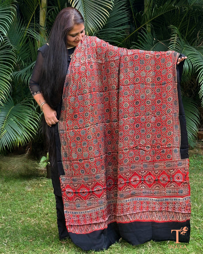Pure modal silk Ajrakh hand block printed dupatta with soft drape