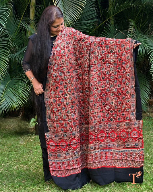 Pure modal silk Ajrakh hand block printed dupatta with soft drape
