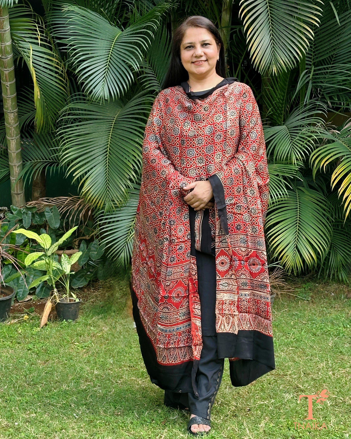 Ajrakh printed modal silk dupatta with traditional block patterns