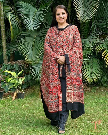 Ajrakh printed modal silk dupatta with traditional block patterns