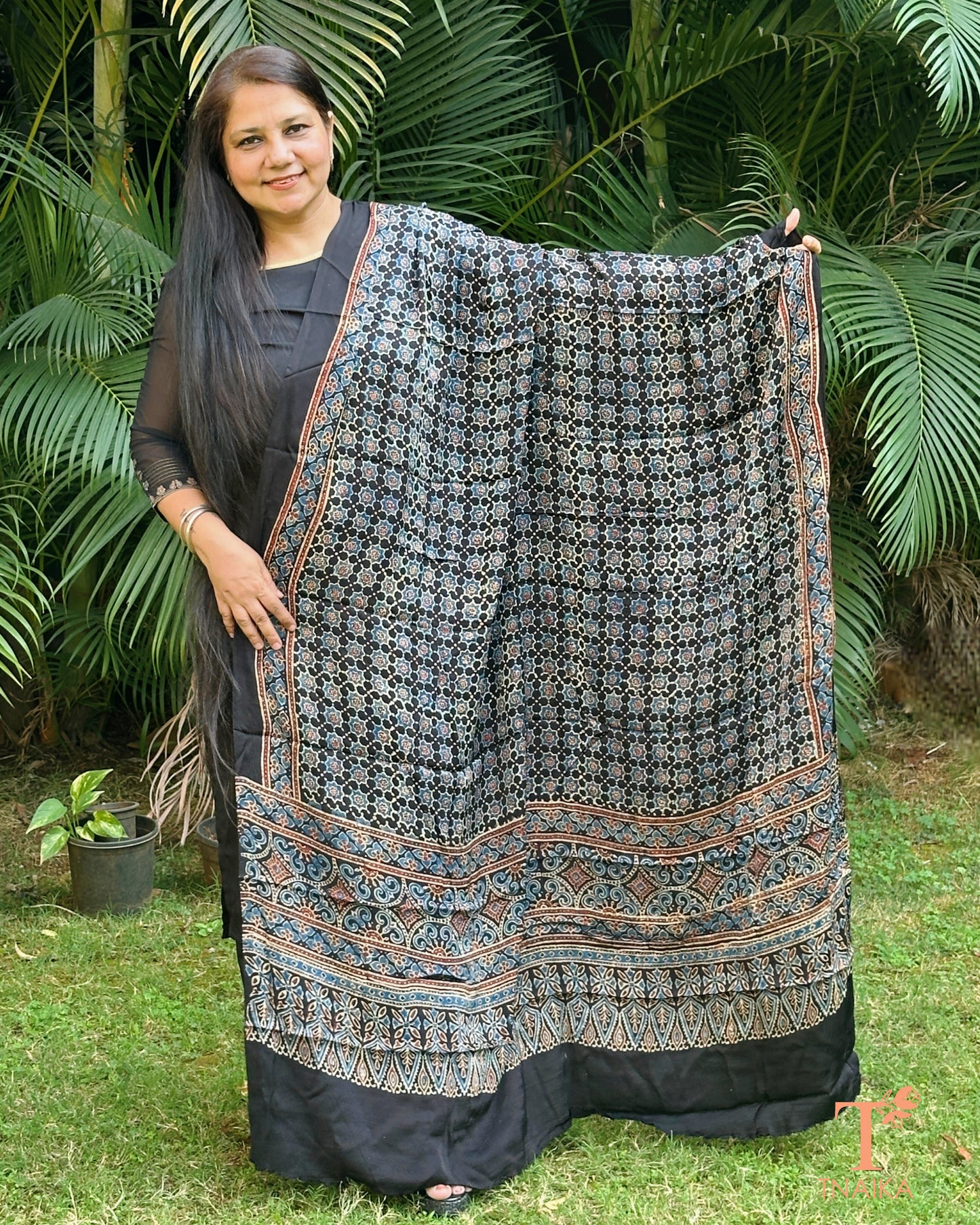 Pure modal silk Ajrakh hand block printed dupatta with soft drape