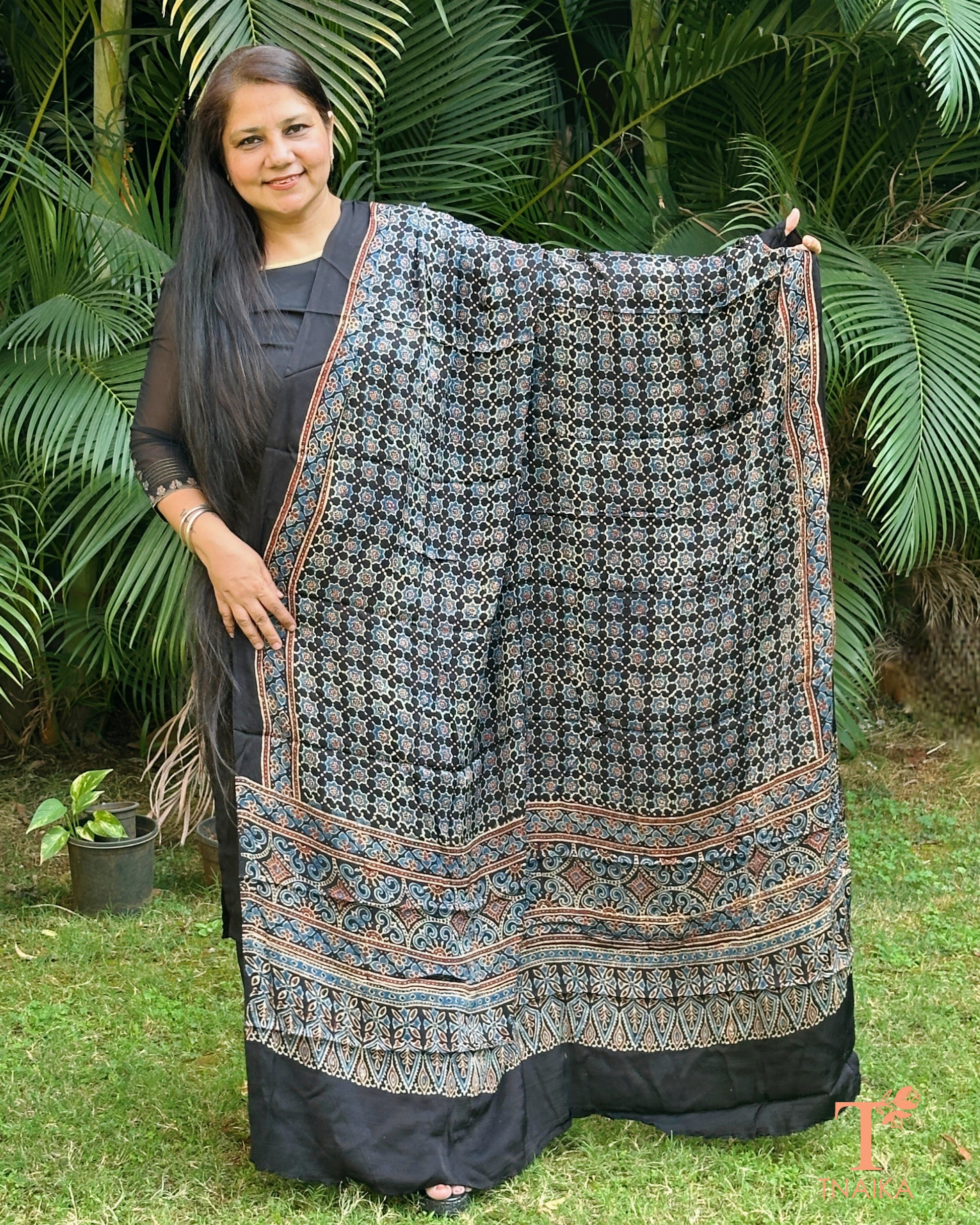Pure modal silk Ajrakh hand block printed dupatta with soft drape