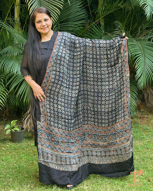 Pure modal silk Ajrakh hand block printed dupatta with soft drape