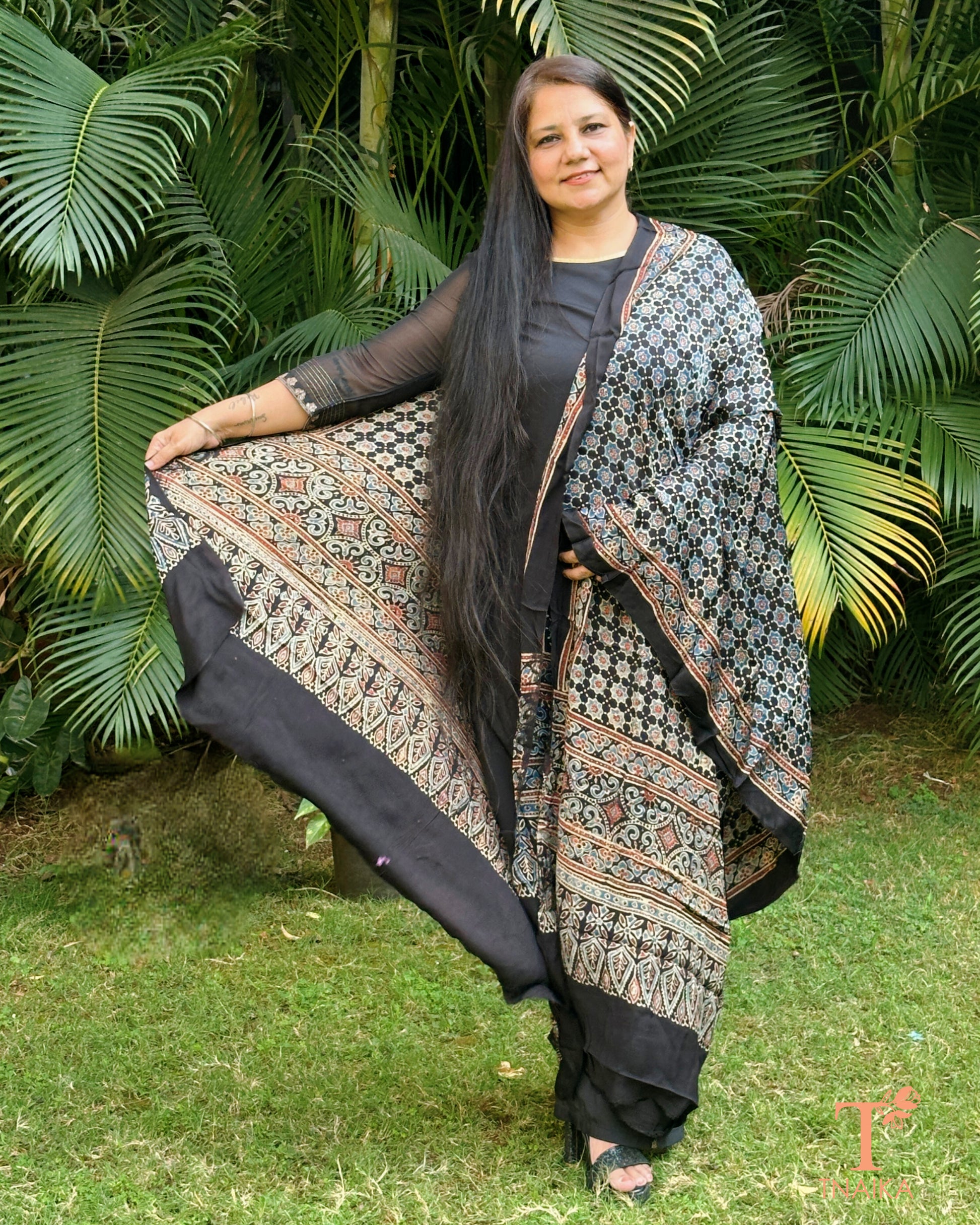 Ajrakh printed modal silk dupatta with traditional block patterns
